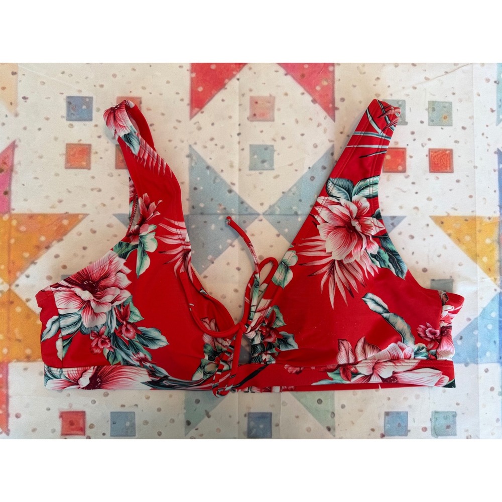 Kona Sol Red Floral Lace Up V-Neck Bikini Top XL Tropical Swimwear